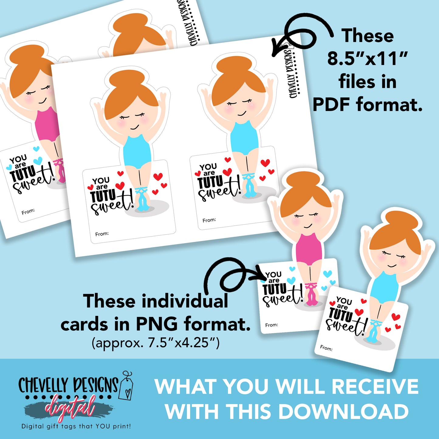 Printable Ballet Scrunchie Cards - Dancing With You is Tutu Fun - Red Haired Ballerina