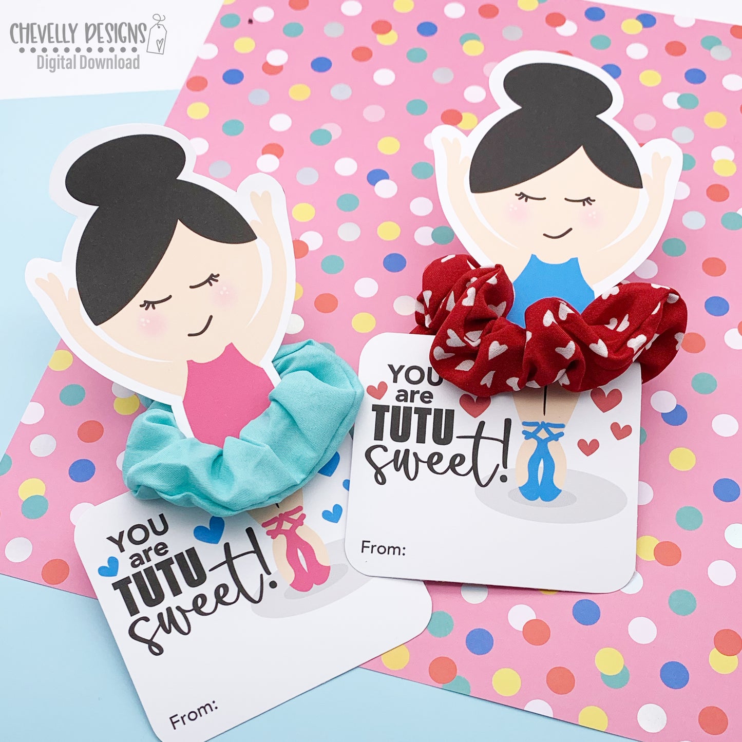 Printable Ballet Scrunchie Cards - Dancing With You is Tutu Fun - Black Haired Ballerina