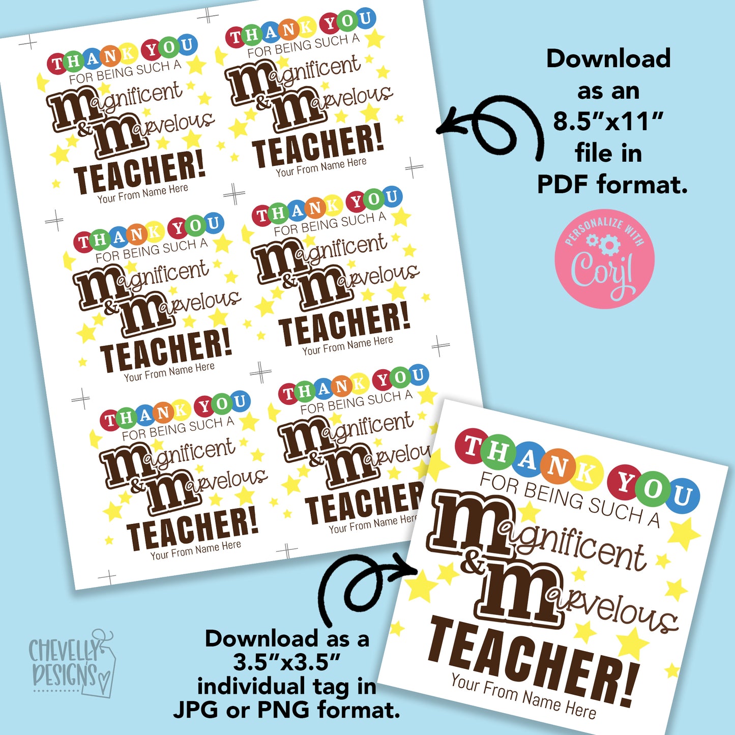 Editable - Thank You Teacher Appreciation - Magnificent and Marvelous Gift Tags for Chocolate Candies - Printable Digital File