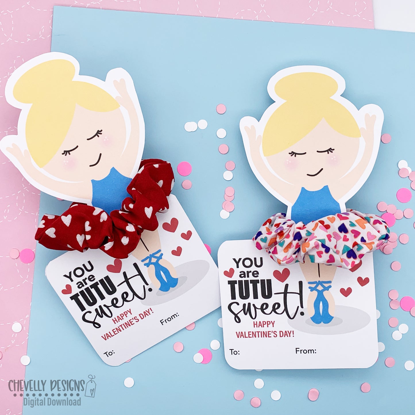 Printable Ballet Scrunchie Valentine Cards - Blonde Haired Ballerina - Digital File