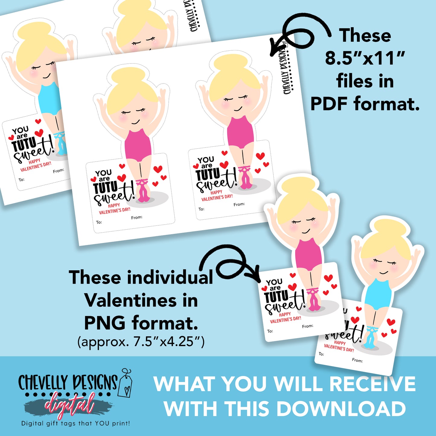 Printable Ballet Scrunchie Valentine Cards - Blonde Haired Ballerina - Digital File