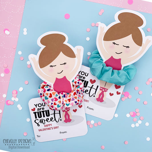 Printable Ballet Scrunchie Valentine Cards - Brown Haired Ballerina - Digital File