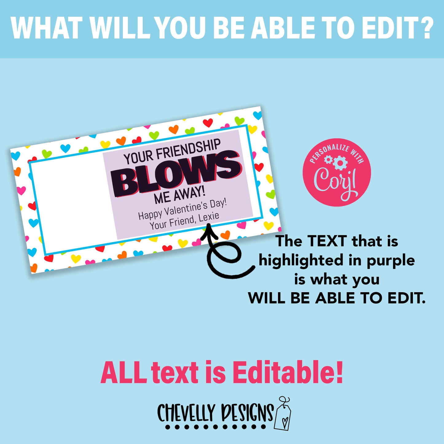 Editable - Your Friendship Blows Me Away - Bubble or Gum Valentine Cards - Printable Digital File