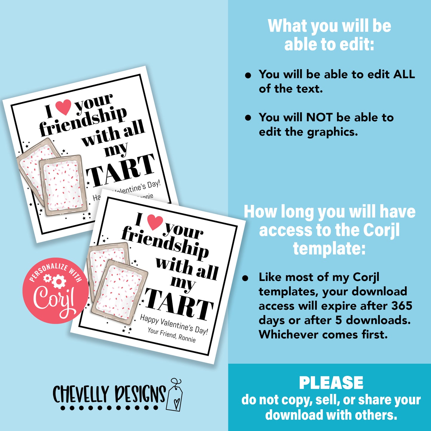 EDITABLE - I Love Your Friendship with all my Tart - Pop Tart Valentine Cards - Printable Digital File