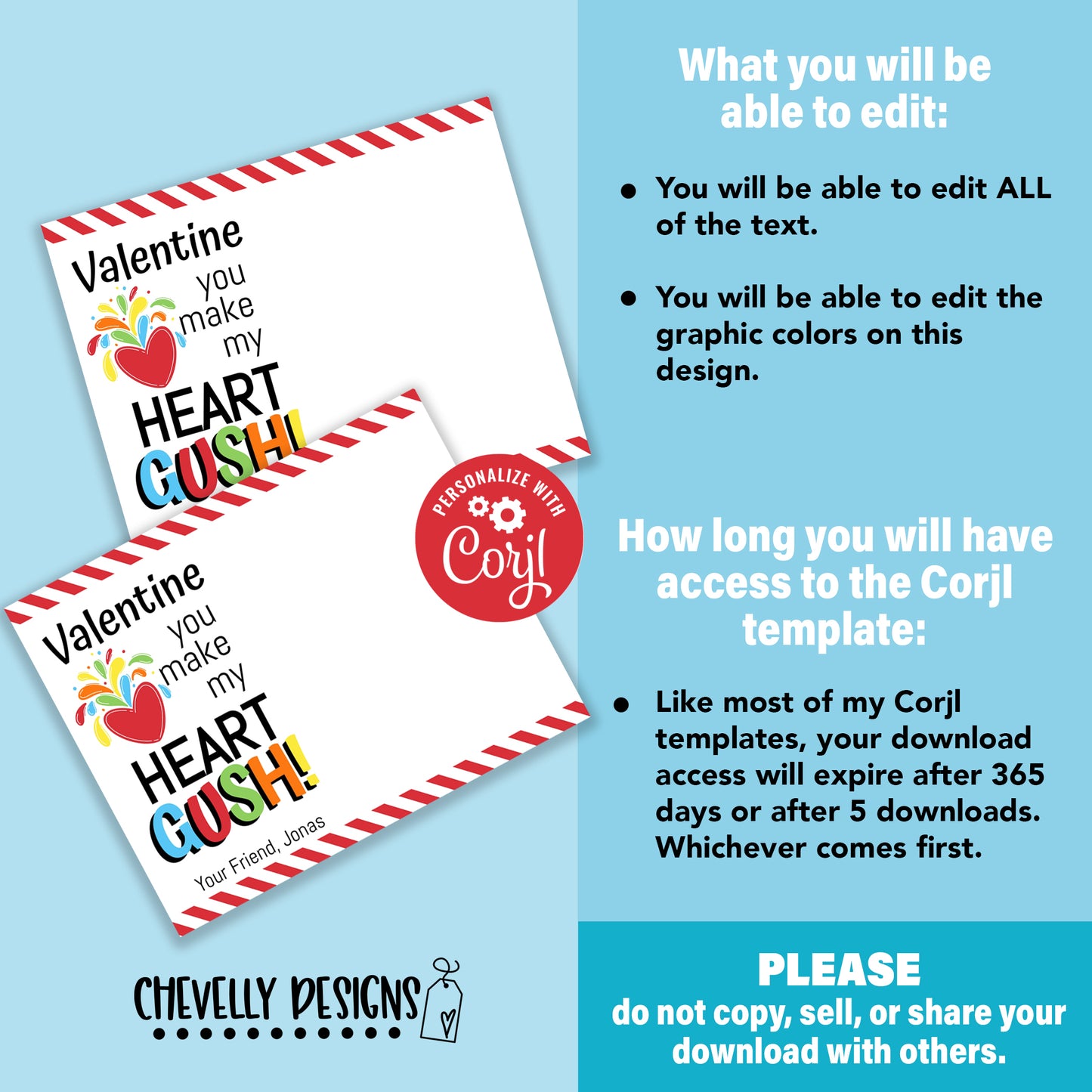 EDITABLE - Valentine You Make My Heart Gush -Class Valentine Cards - Printable Digital File