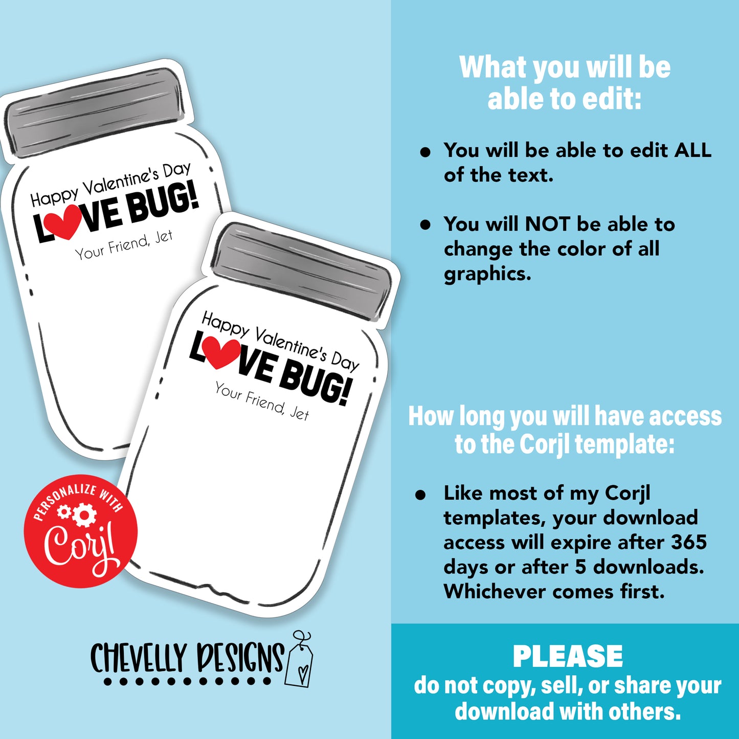 EDITABLE - Love Bug Valentine Mason Jar Printable - Class Valentine's Day Cards - Digital File