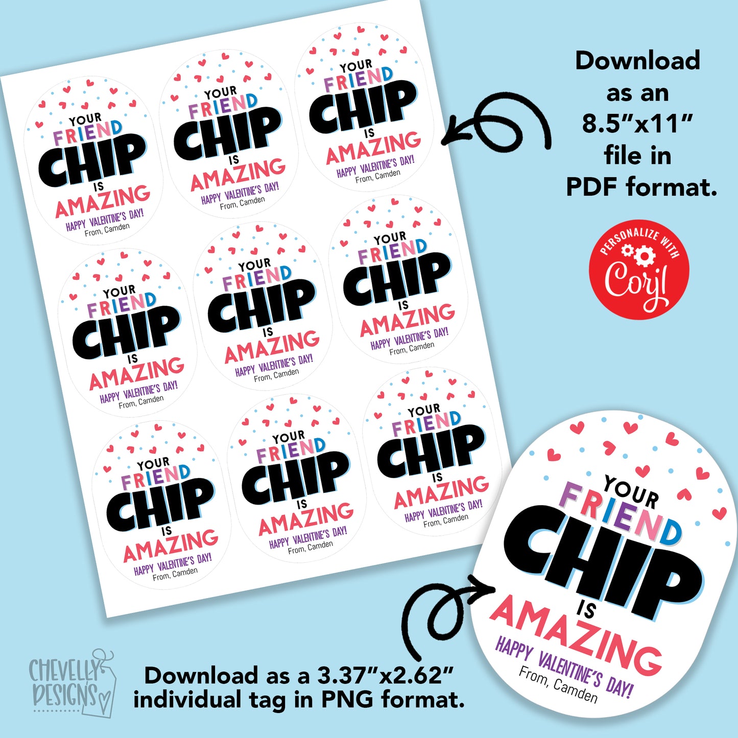 EDITABLE - Friend Chip Valentine Cards - Printable Class Valentine's Day Cards - Digital File