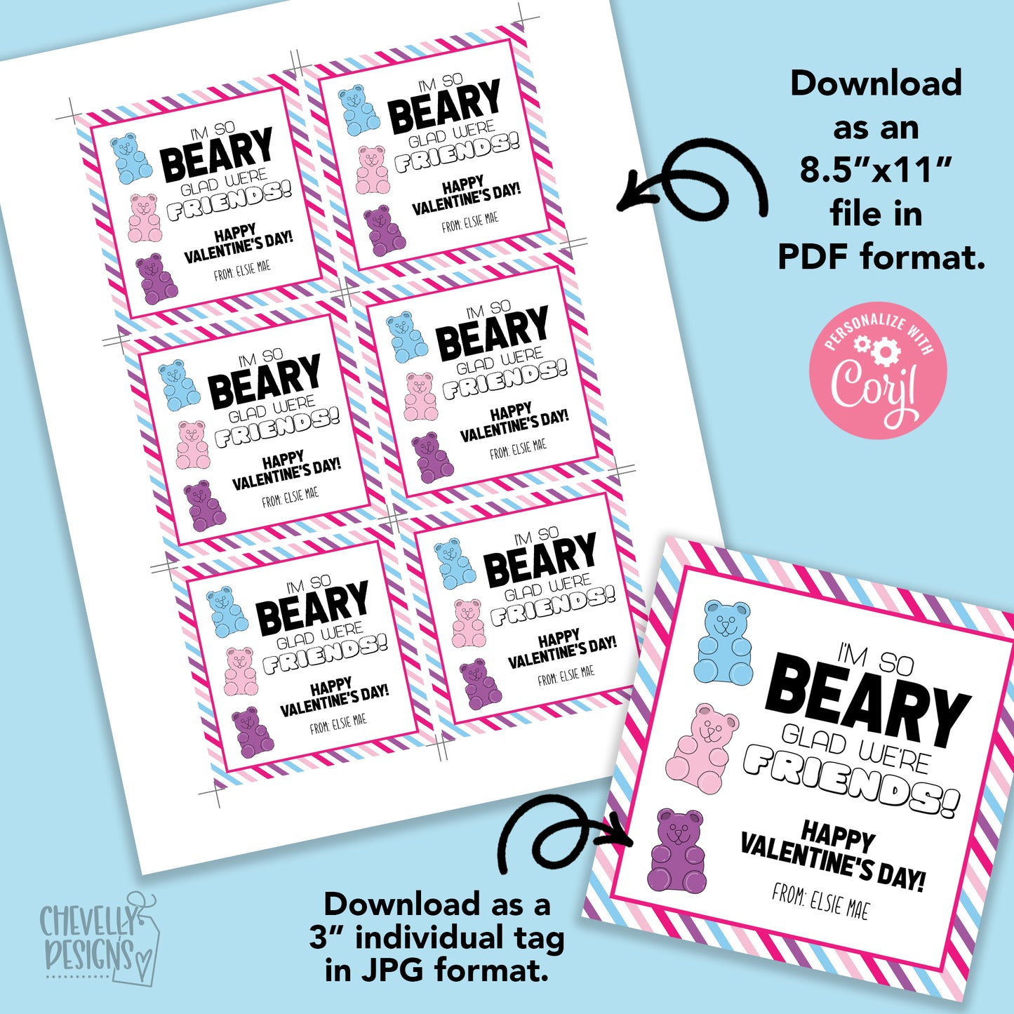 EDITABLE - I'm so Beary Glad We're Friends - Printable Class Valentine's Day Cards - Digital File