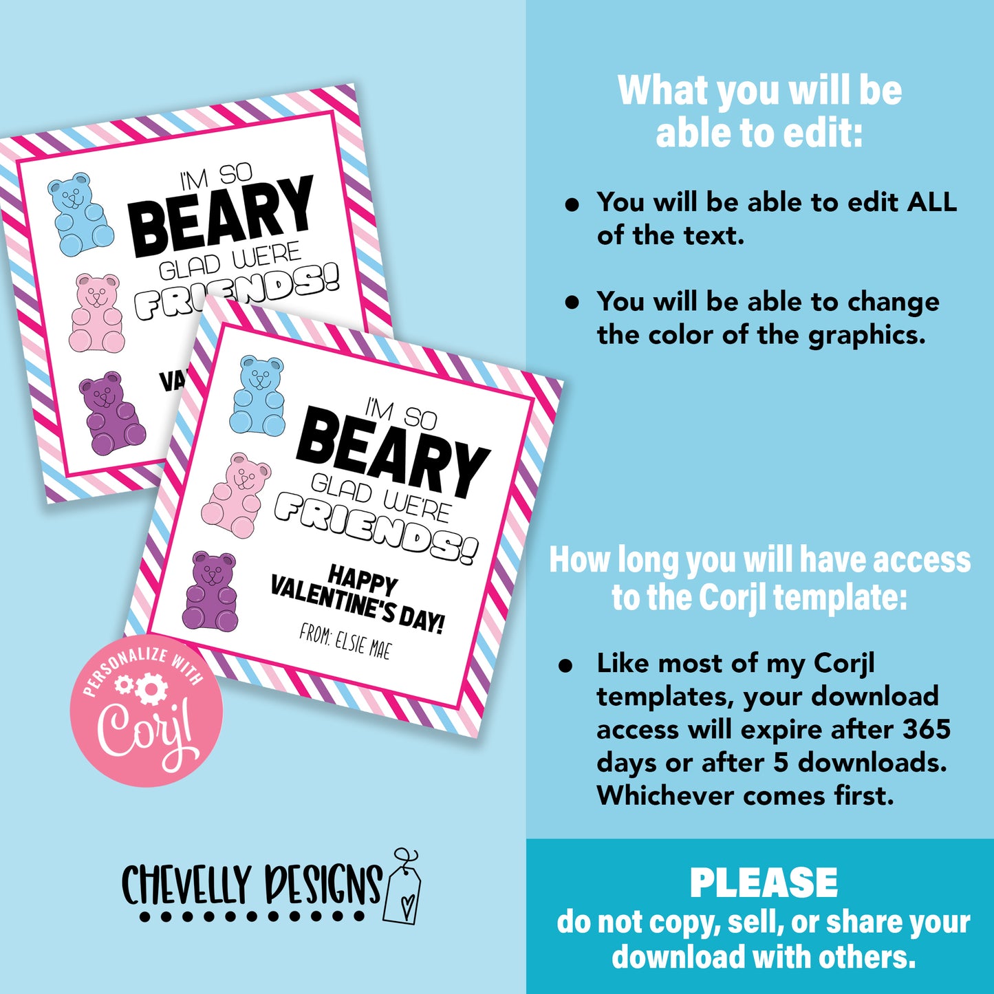EDITABLE - I'm so Beary Glad We're Friends - Printable Class Valentine's Day Cards - Digital File