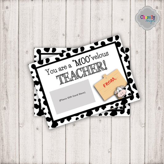 Cow Teacher Appreciation Gift Card Printable | Printable - Instant Digital File