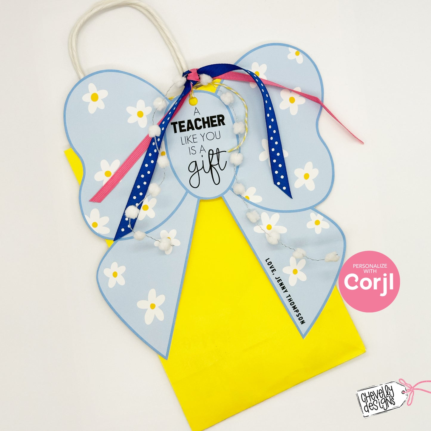 Editable, Printable Teacher Appreciation Bow Gift Tag or Gift Card Holder, Digital Download
