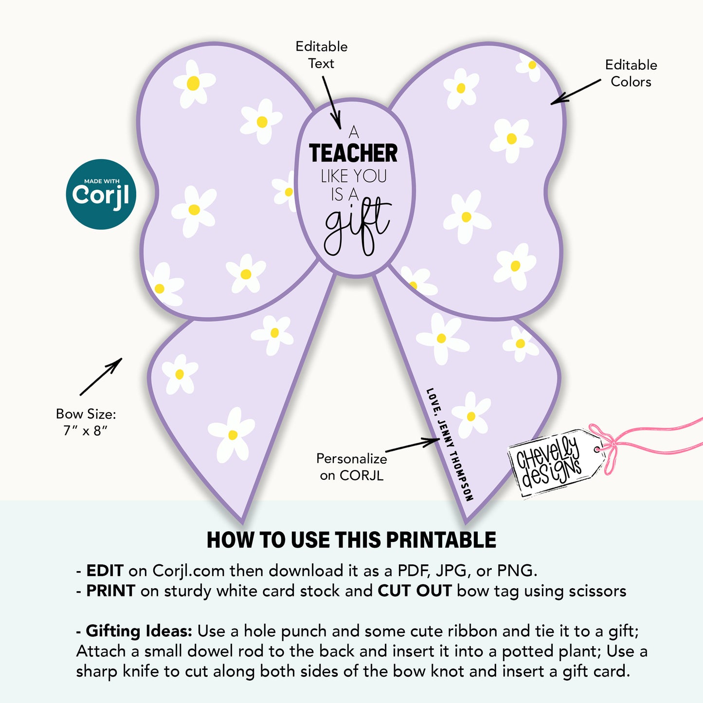 Editable, Printable Teacher Appreciation Bow Gift Tag or Gift Card Holder, Digital Download