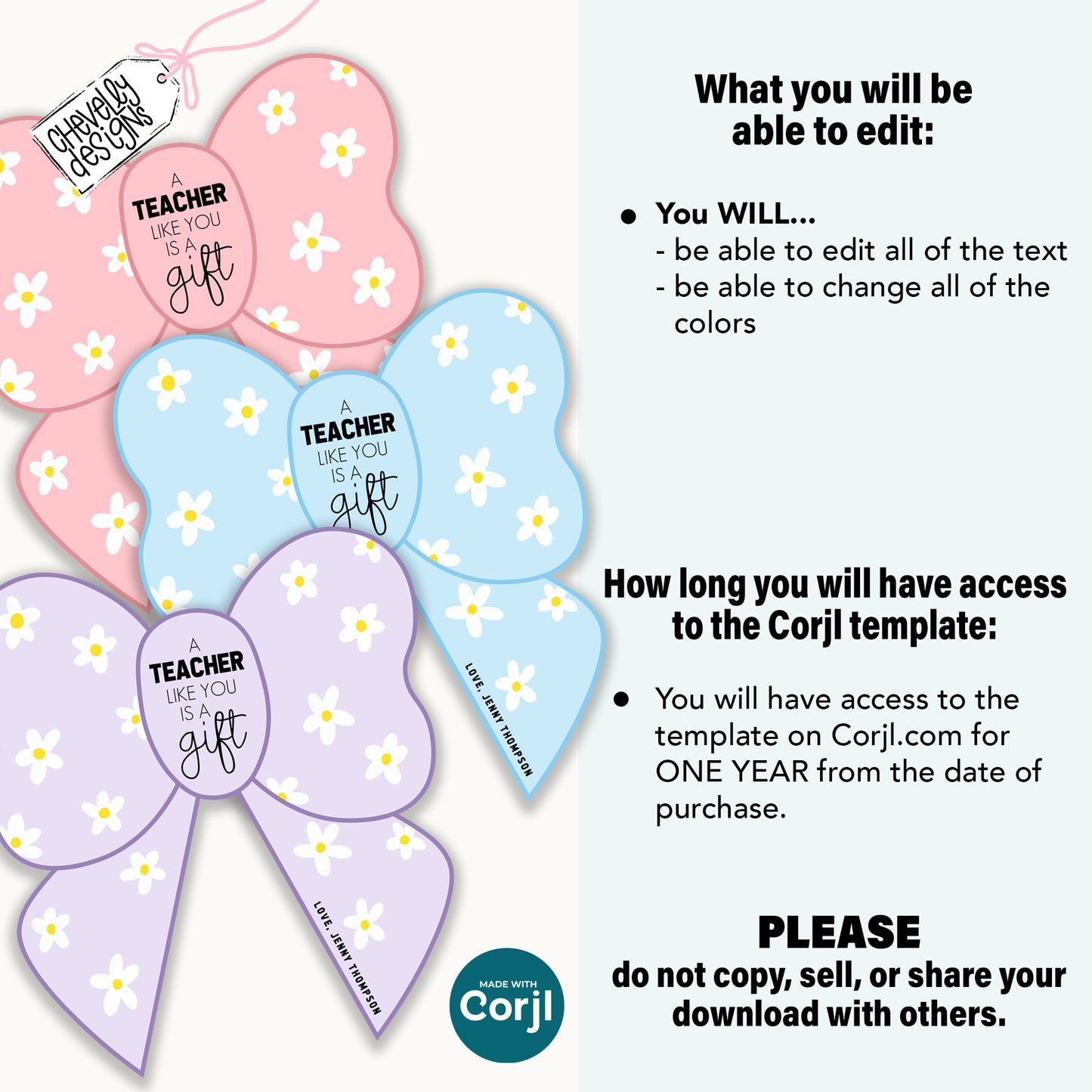 Editable, Printable Teacher Appreciation Bow Gift Tag or Gift Card Holder, Digital Download