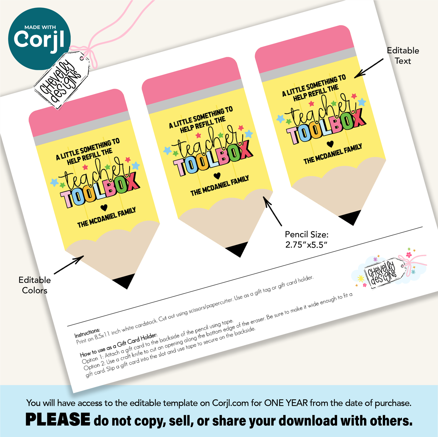 Editable Pencil Gift Card Holder for Teachers | Back to School Printable | Teacher Appreciation Gift