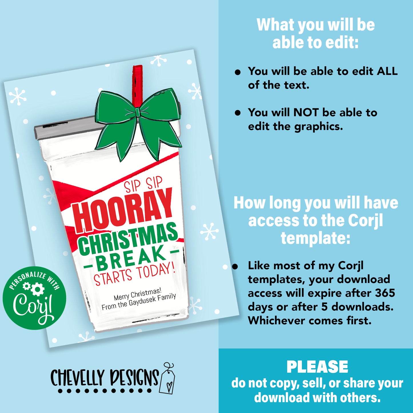 EDITABLE - Sip Sip Hooray Christmas Break Starts Today - Printable 5x7 Restaurant Gift Card Holder - Digital File
