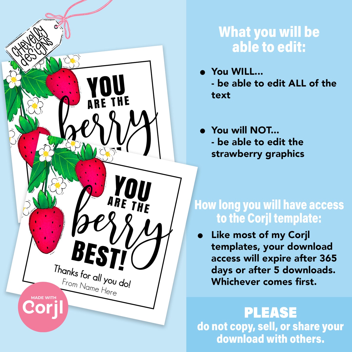 EDITABLE - You are the Berry Best - Strawberry Appreciation Gift Tag - Printable Digital File