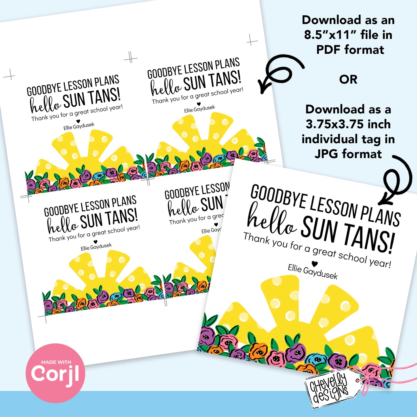 Editable -  Goodbye Lesson Plans Hello Sun Tans - End of School Teacher Gift Tags - Printable Digital File