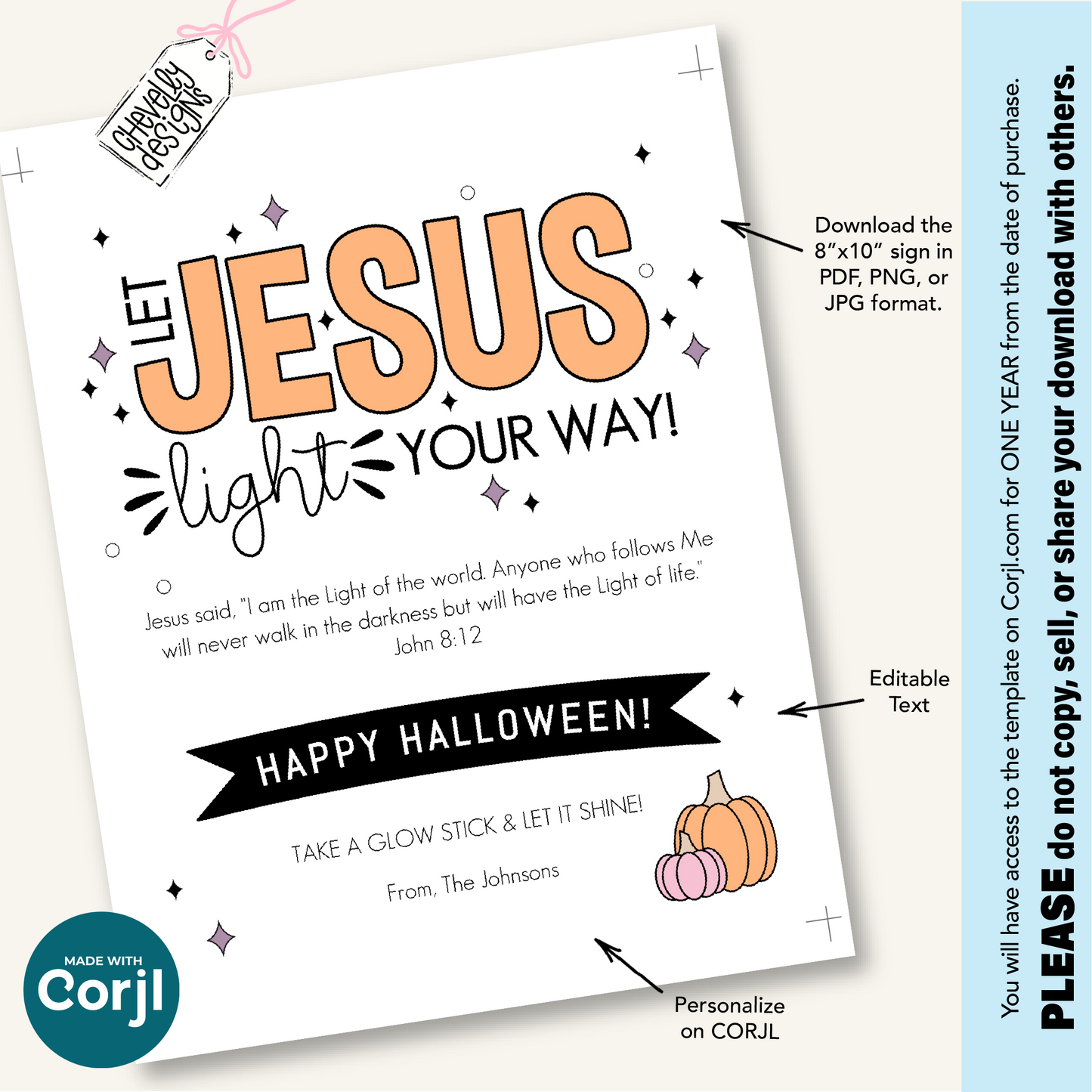 EDITABLE Halloween “Take a Glow Stick” Porch Sign, Christian Glow Stick Display Sign, Let Jesus Light Your Way Printable, HT-HAL023a