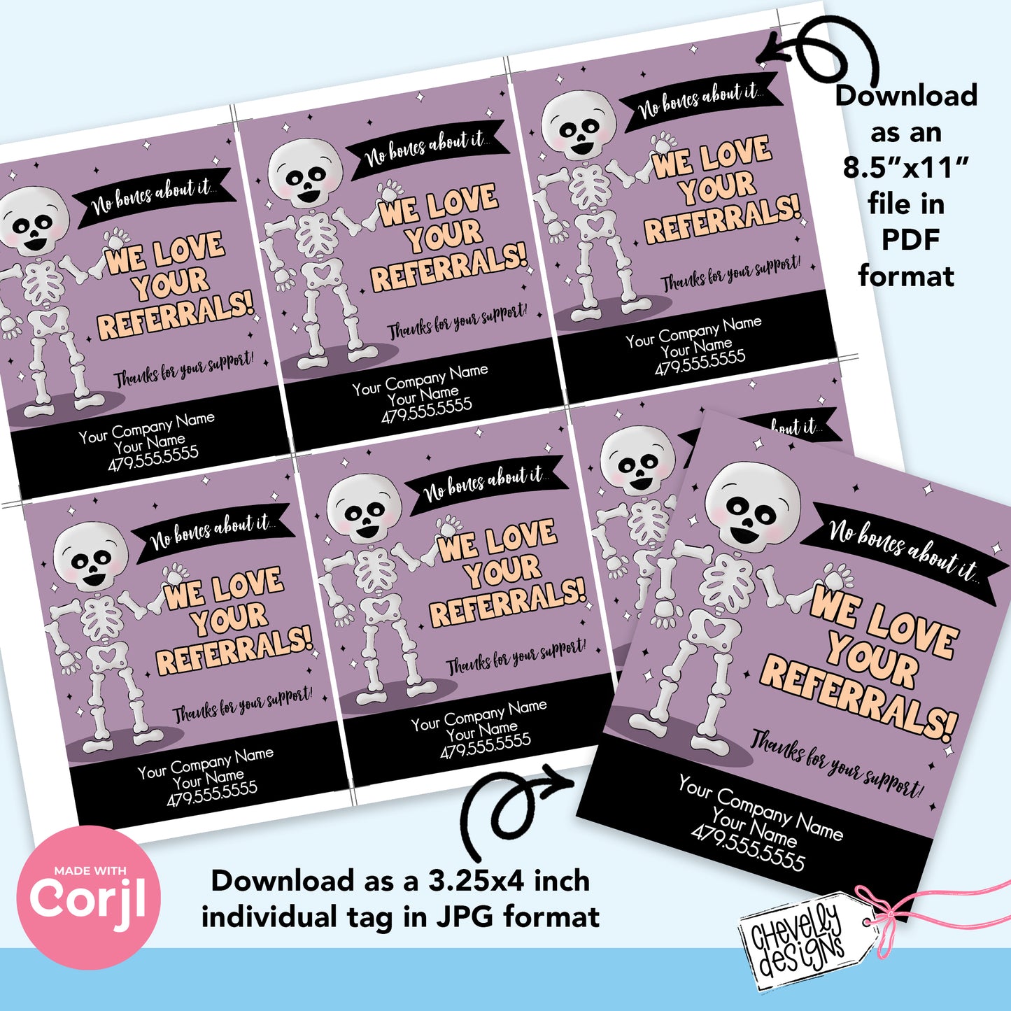 EDITABLE Skeleton Referral Gift Tag - We Love Your Referrals - Halloween Marketing Labels - Printable Digital File