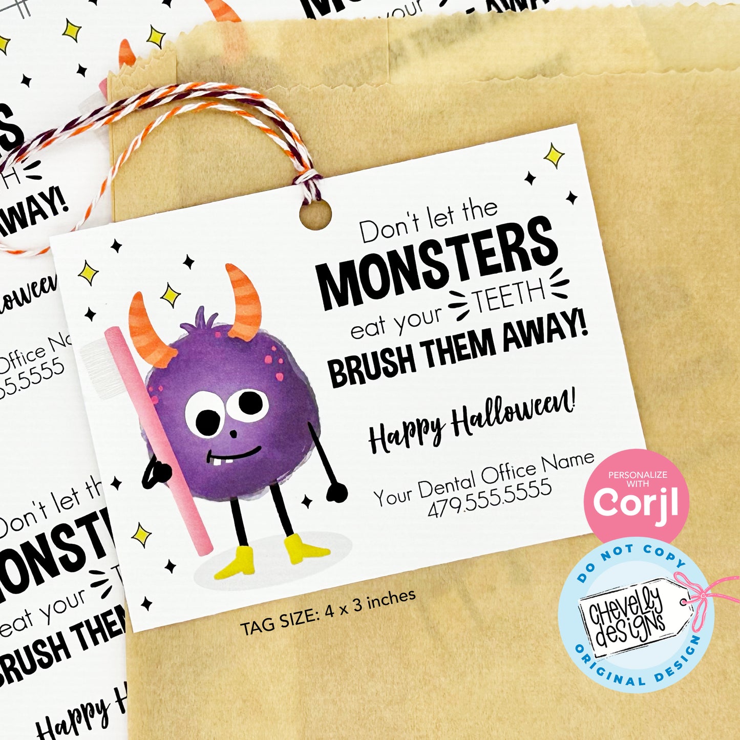 EDITABLE - Don't Let the Monster Eat Your Teeth, Brush Them Away - Dental Office Halloween Treat Tags - Printable Digital