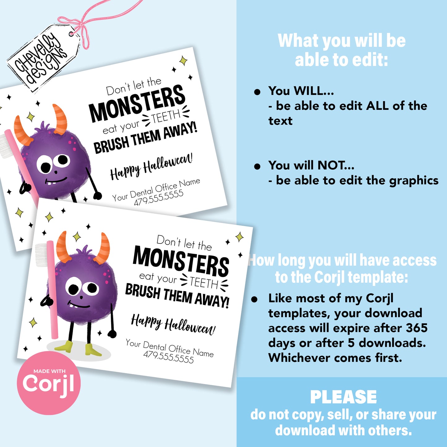 EDITABLE - Don't Let the Monster Eat Your Teeth, Brush Them Away - Dental Office Halloween Treat Tags - Printable Digital