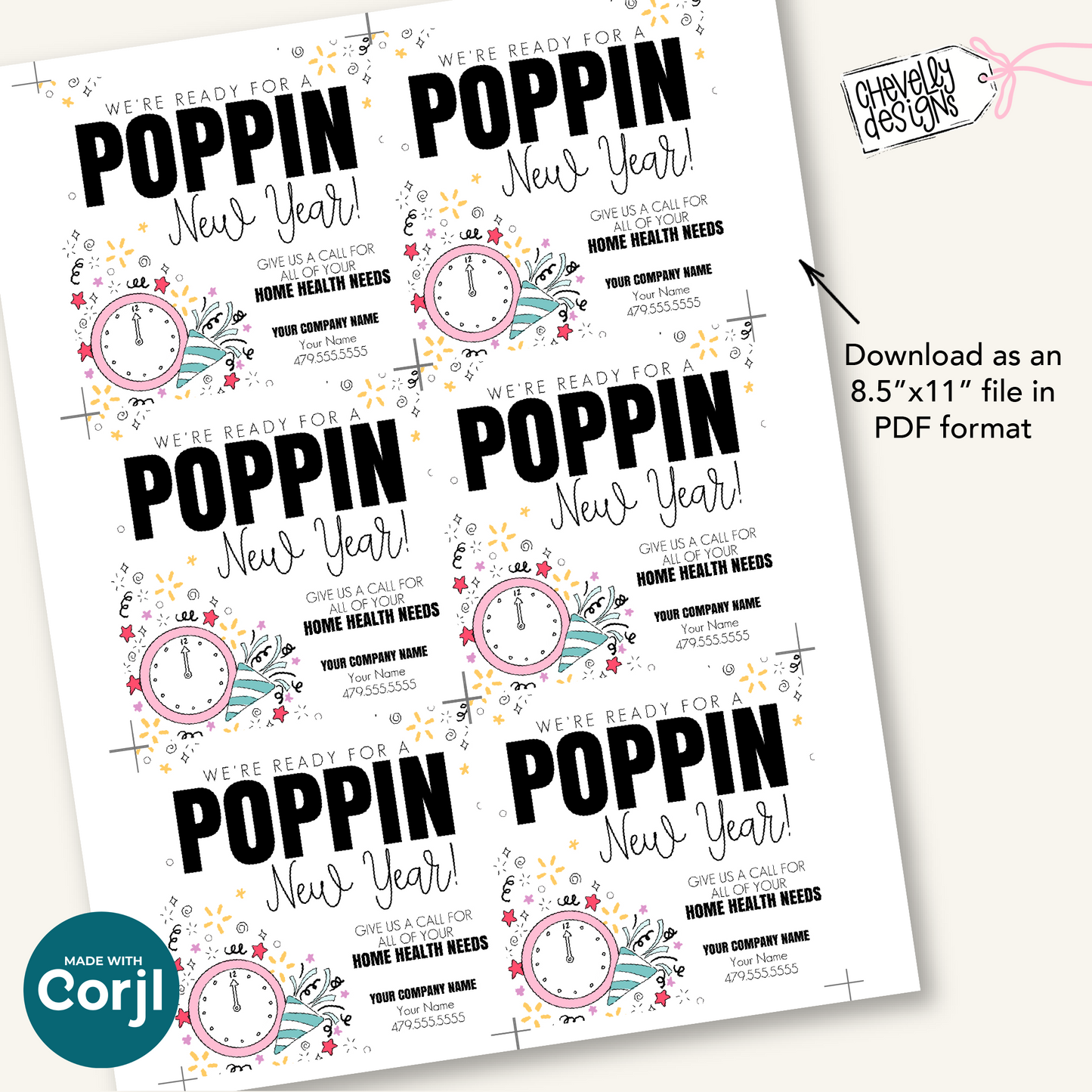 Editable Referral Gift Tag: Poppin New Year, Home Health Marketing Label, Printable HT-NY010
