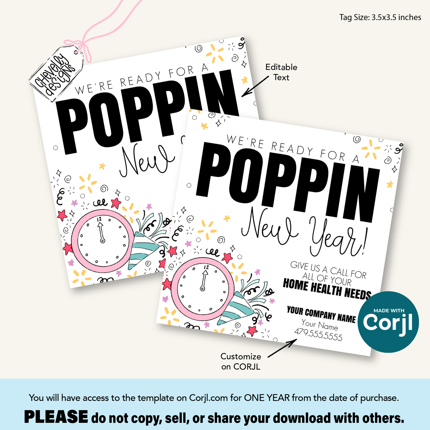 Editable Referral Gift Tag: Poppin New Year, Home Health Marketing Label, Printable HT-NY010