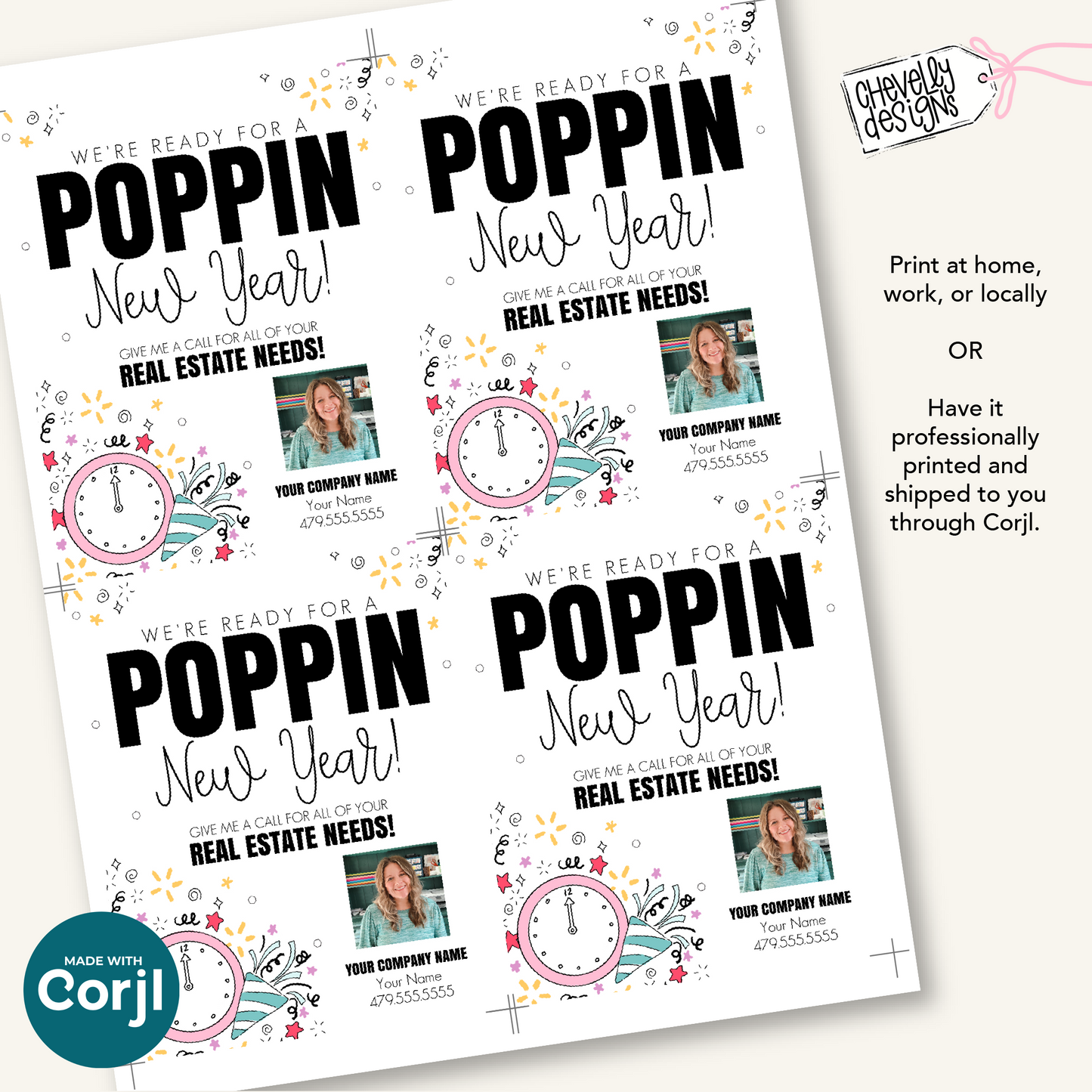 Editable Referral Gift Tag: Poppin New Year, Real Estate Marketing Label, Printable HT-NY010a