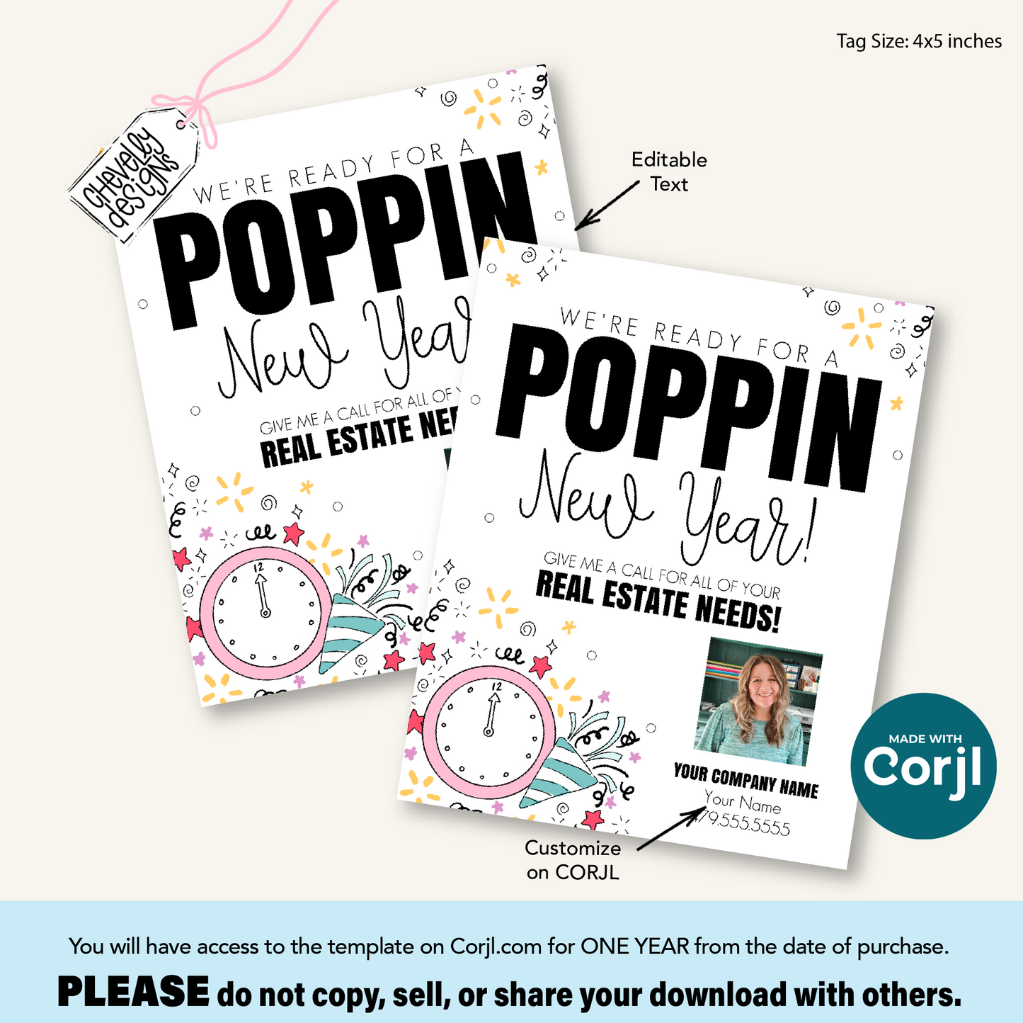 Editable Referral Gift Tag: Poppin New Year, Real Estate Marketing Label, Printable HT-NY010a