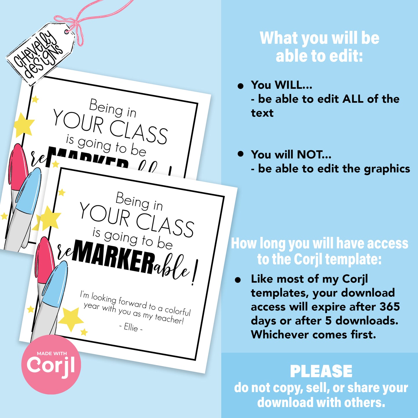 Editable Marker Teacher Gift Tags - Your Class will be reMARKERable -permanent marker - Printable Digital File