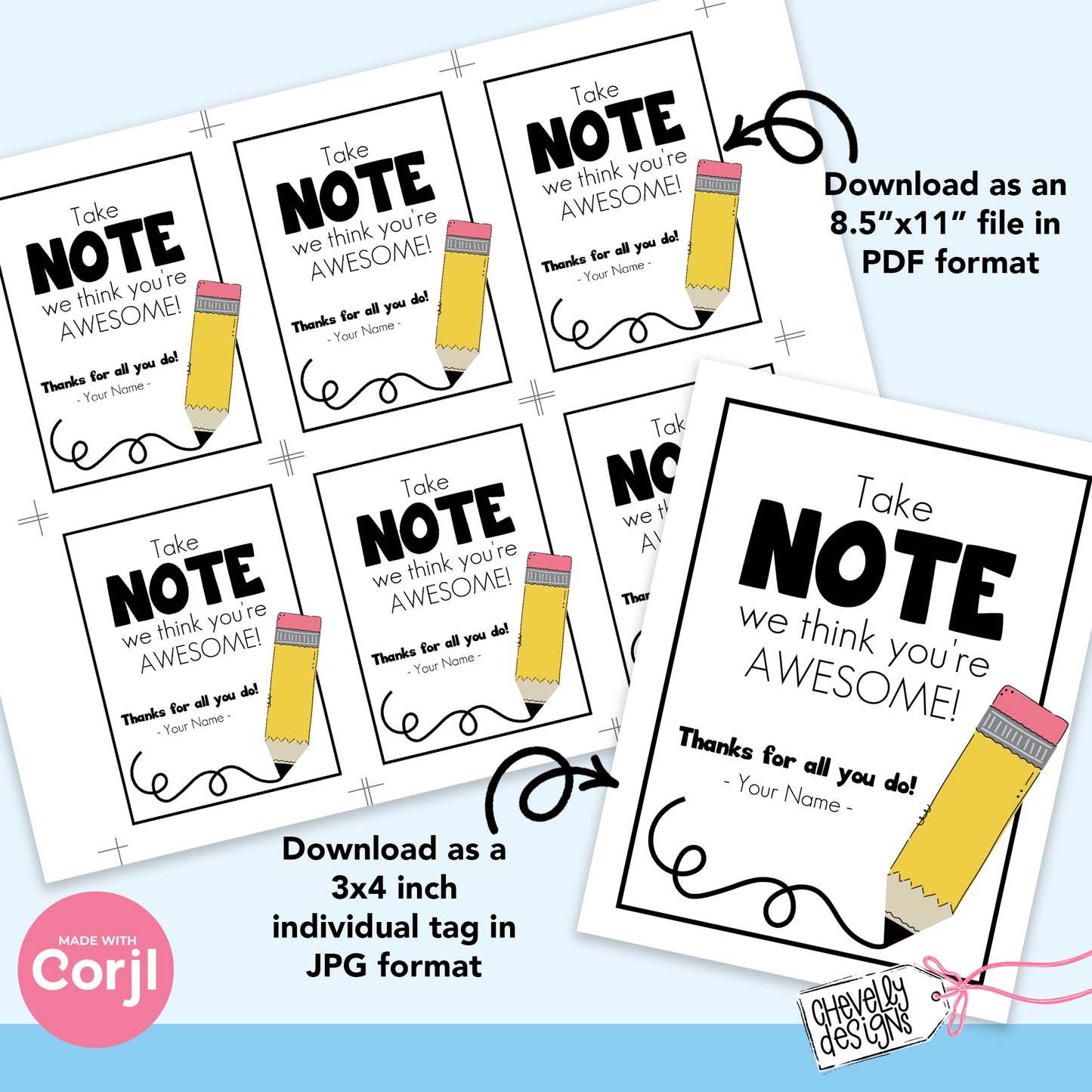 EDITABLE - Take Note We Think You're Awesome - pencil, teacher, school - Appreciation Gift Tags - Printable Digital File