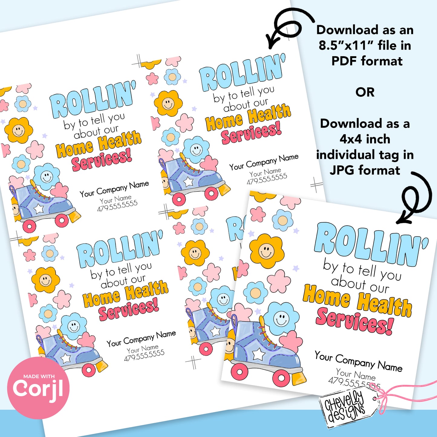 EDITABLE Referral Gift Tags - Rollin by to tell you about Home Health - roller skates - Printable Digital File