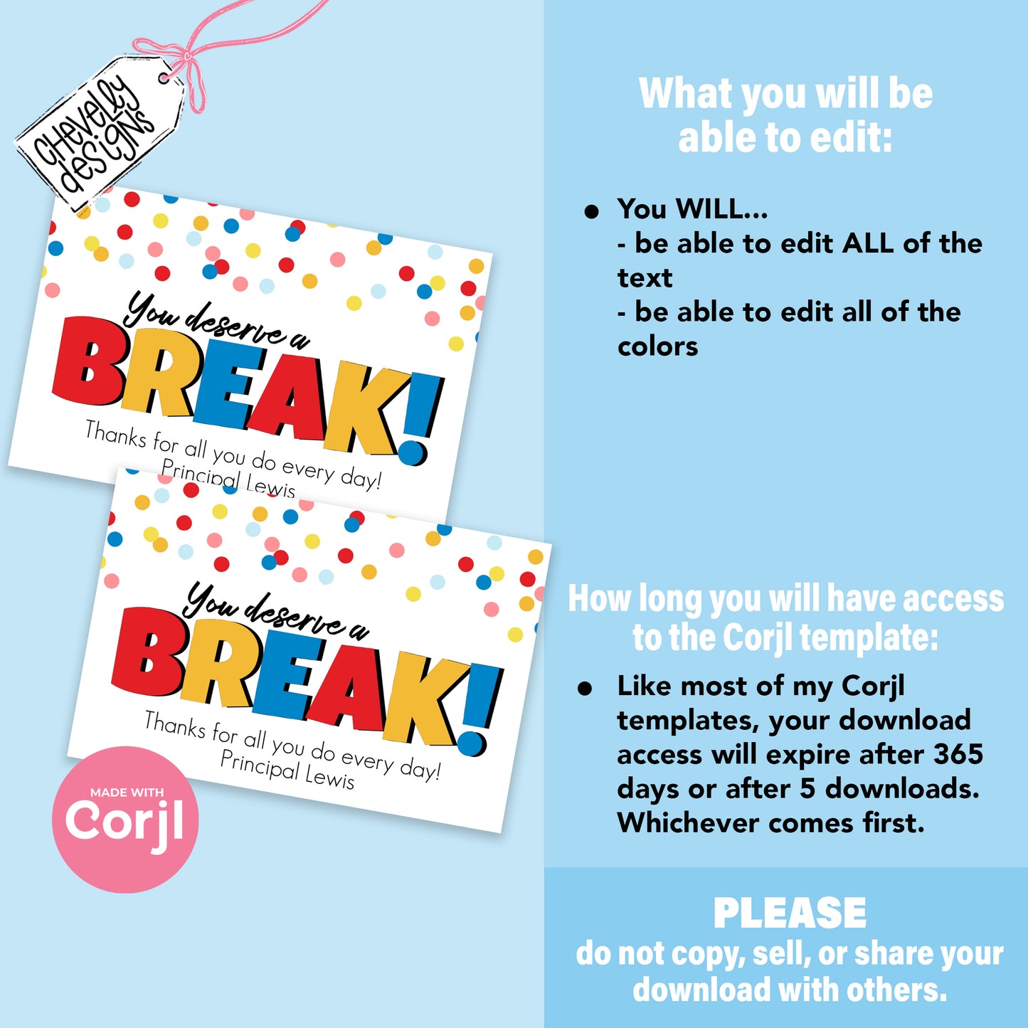 Editable Appreciation Gift Tags - You Deserve a Break - Printable Digital File