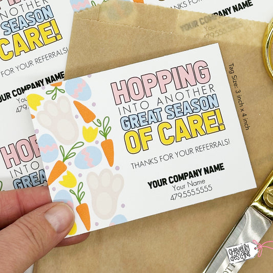 Editable Printable Easter Referral Marketing Gift Tags, Hopping Into Another Great Season of Care