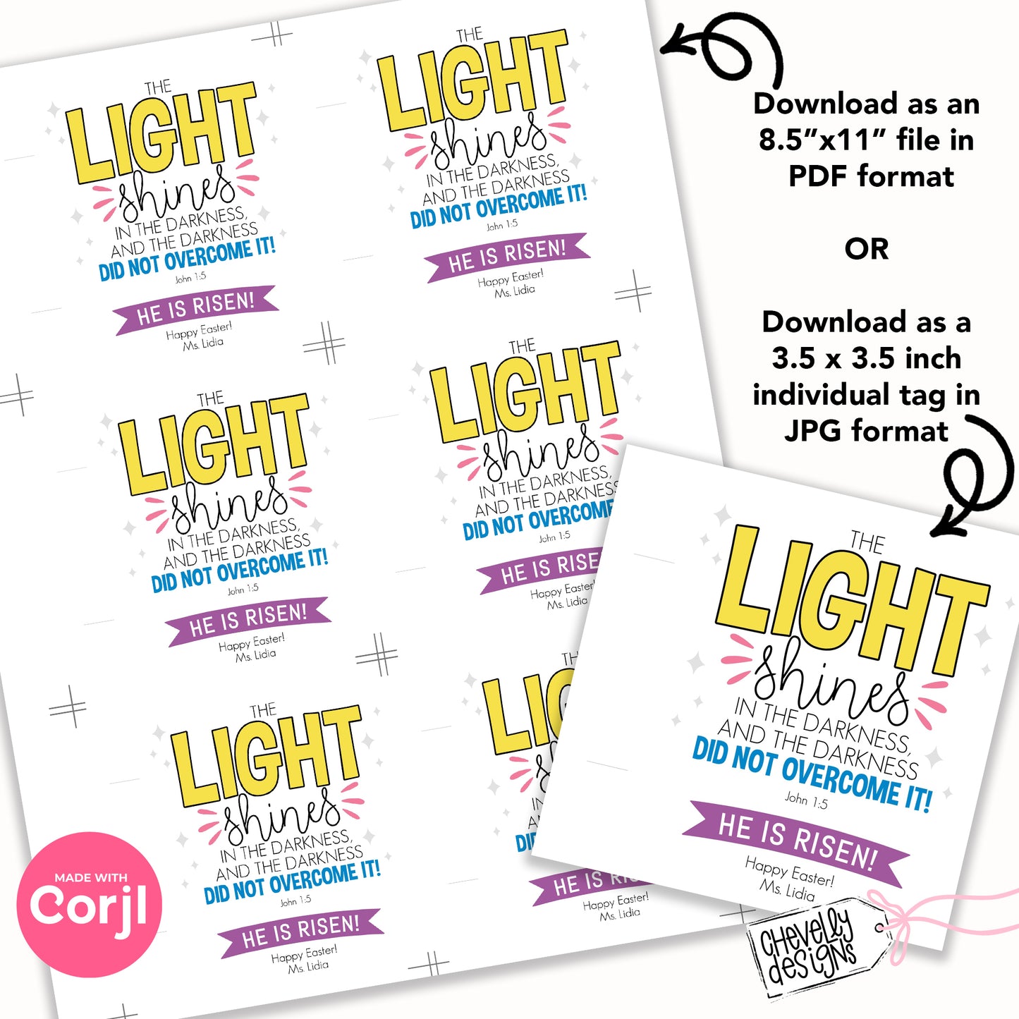 EDITABLE Printable Easter Glow Stick Treat Tags, The Light Shines in the Darkness, John 1:5