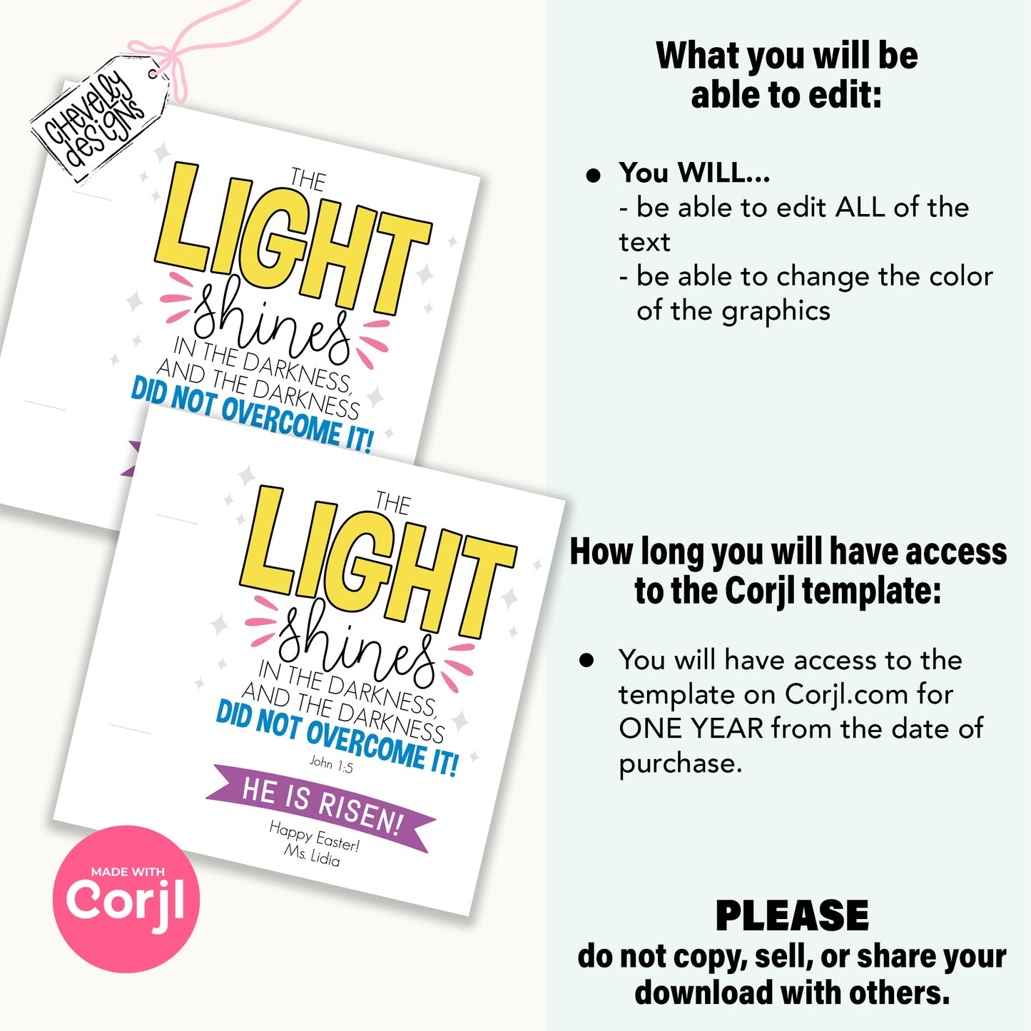 EDITABLE Printable Easter Glow Stick Treat Tags, The Light Shines in the Darkness, John 1:5