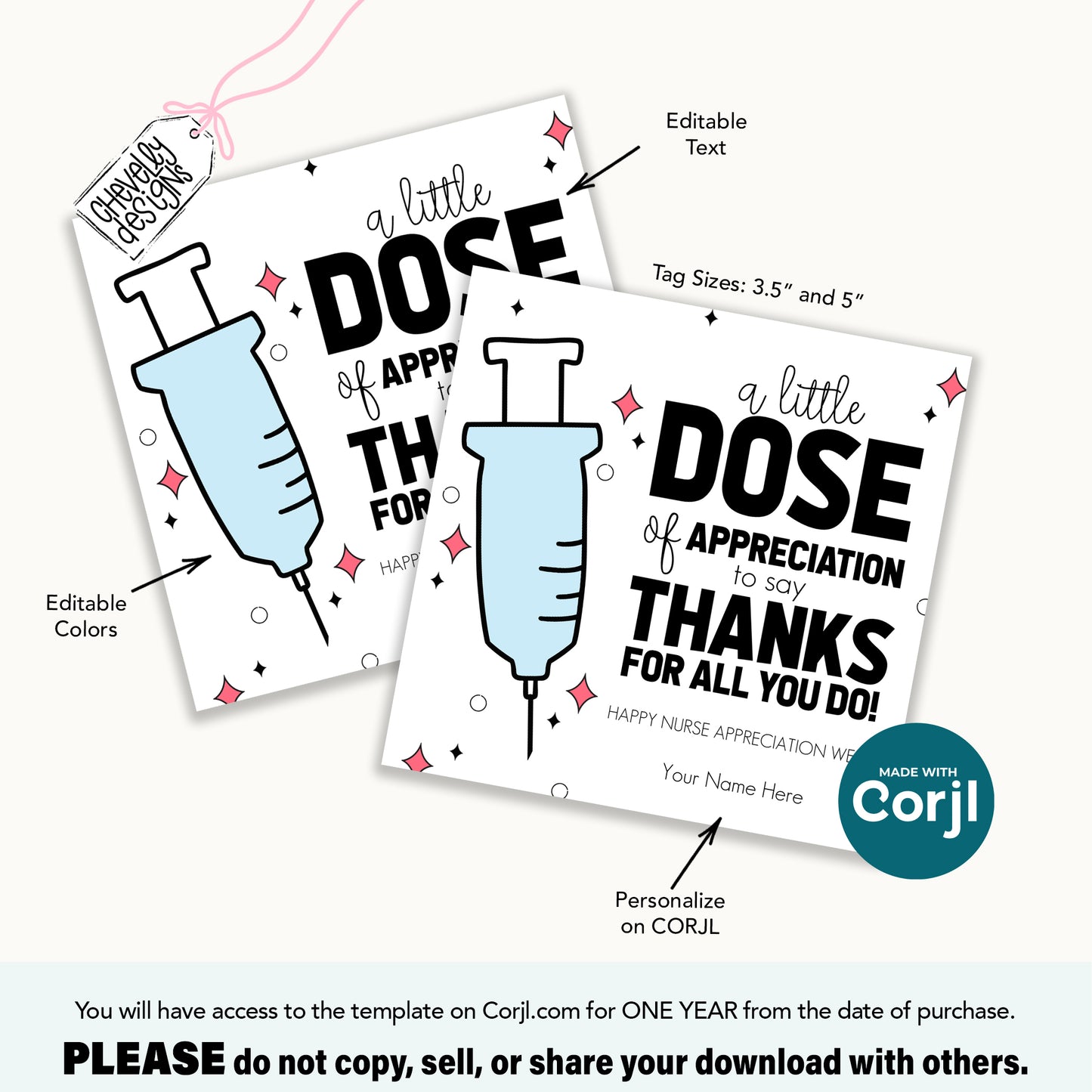 Editable Nurse Appreciation Gift Tag – Syringe Design – “A Little Dose of Thanks” Printable – Nurse Week Gift – Template, Download