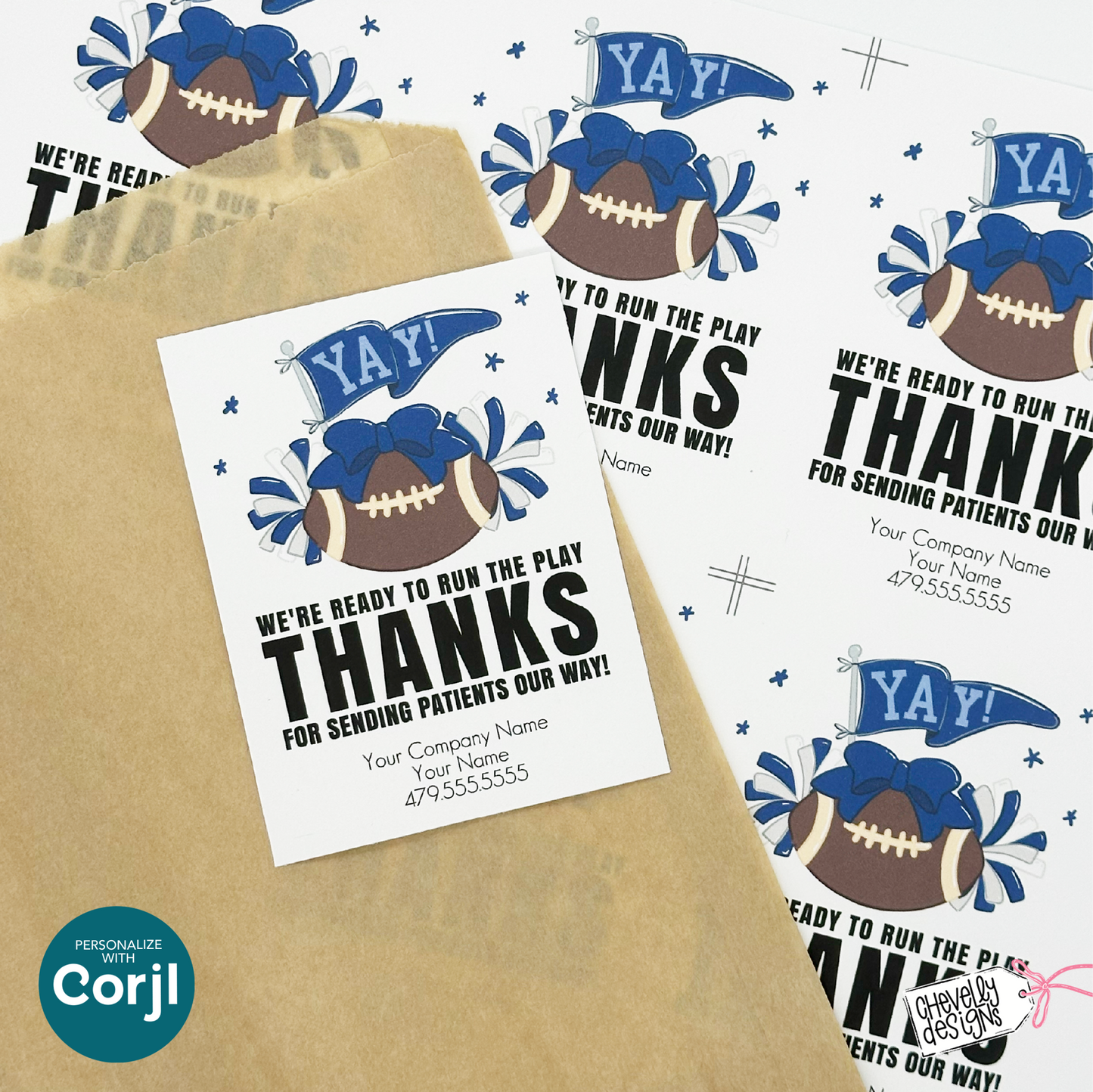 Editable Football Referral Tag | Thanks for Sending Patients Our Way | Navy Blue, Silver grey, Football Marketing Label | Printable