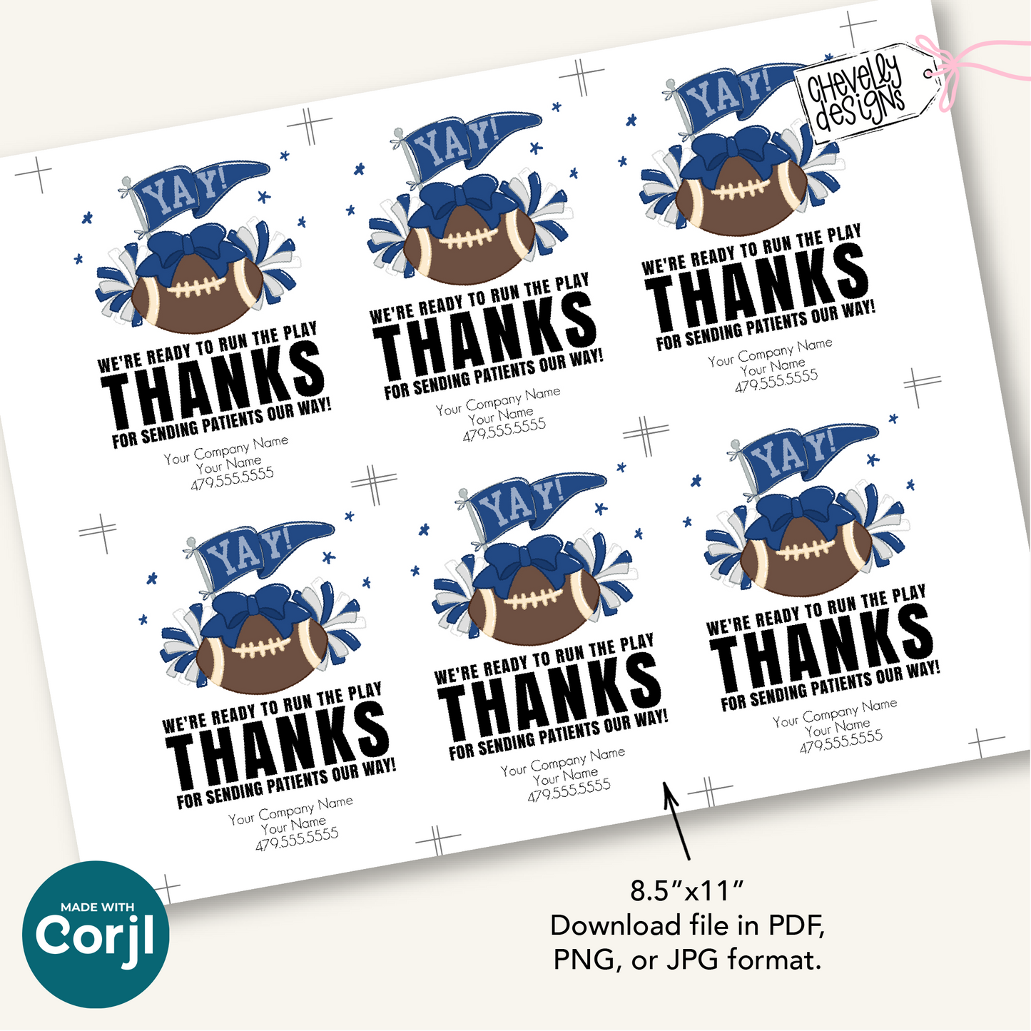 Editable Football Referral Tag | Thanks for Sending Patients Our Way | Navy Blue, Silver grey, Football Marketing Label | Printable