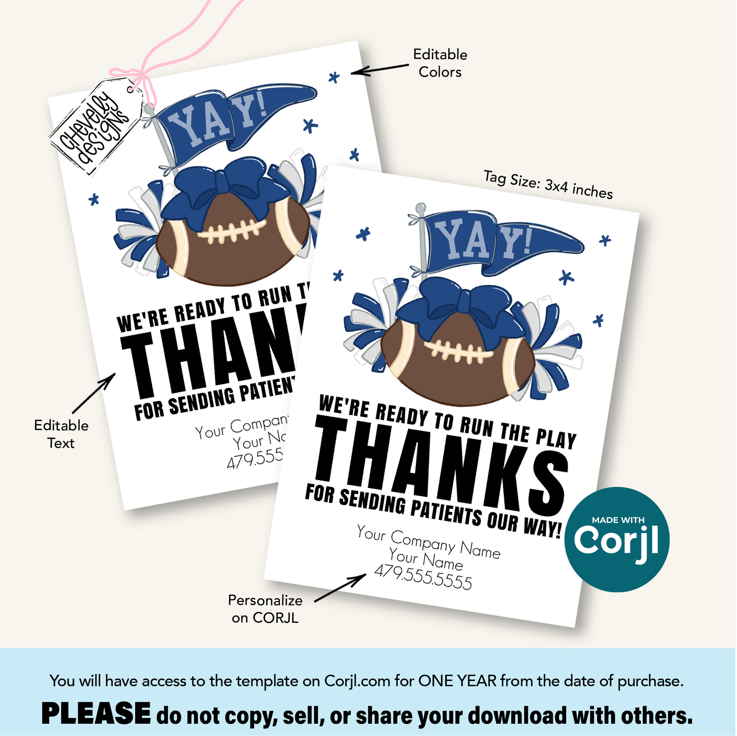 Editable Football Referral Tag | Thanks for Sending Patients Our Way | Navy Blue, Silver grey, Football Marketing Label | Printable