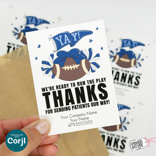 Editable Football Referral Tag | Thanks for Sending Patients Our Way | Navy Blue, Silver grey, Football Marketing Label | Printable