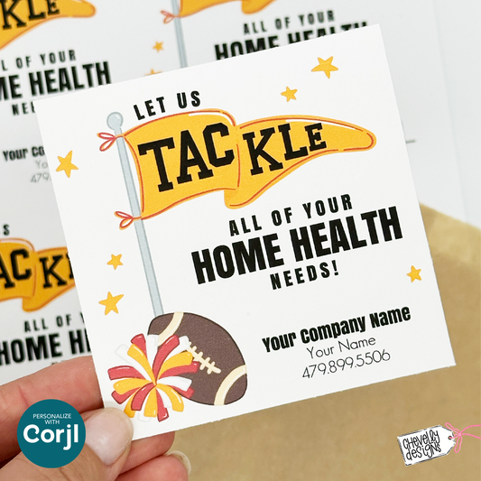 Editable Football Referral Tag | Let Us Tackle All of Your Home Health Needs | Red, Yellow, White Football Marketing Label | Printable