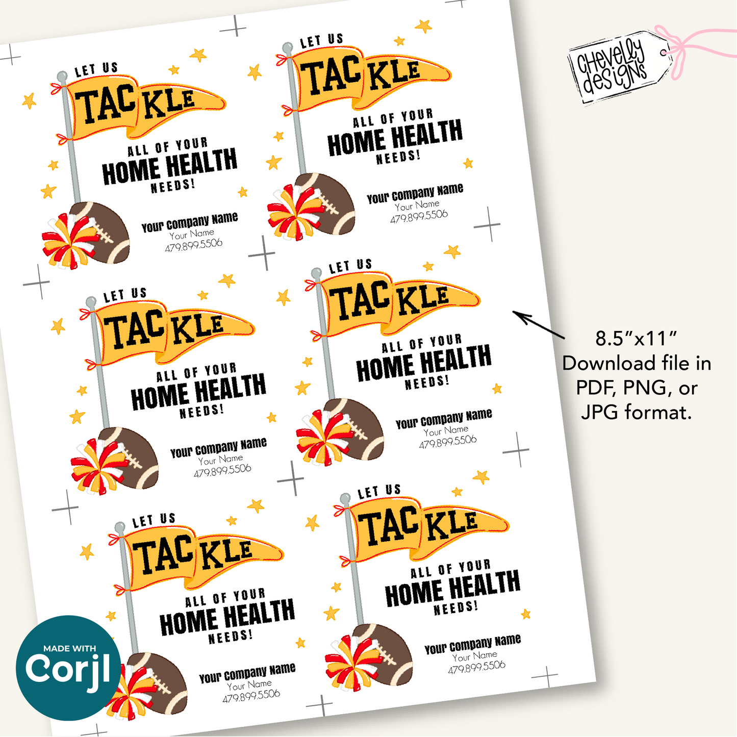 Editable Football Referral Tag | Let Us Tackle All of Your Home Health Needs | Red, Yellow, White Football Marketing Label | Printable