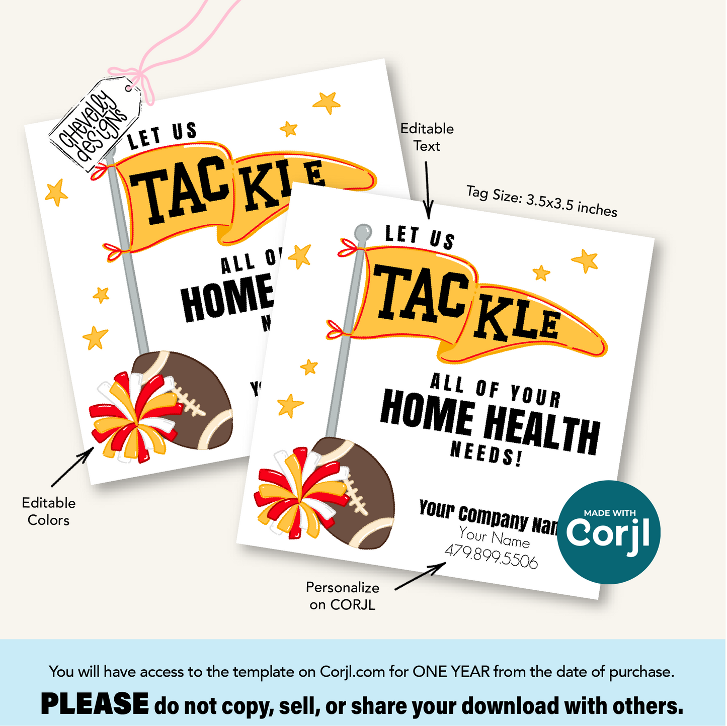 Editable Football Referral Tag | Let Us Tackle All of Your Home Health Needs | Red, Yellow, White Football Marketing Label | Printable