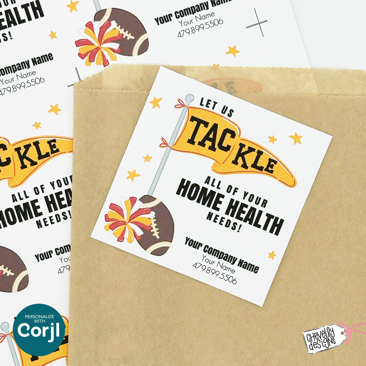Editable Football Referral Tag | Let Us Tackle All of Your Home Health Needs | Red, Yellow, White Football Marketing Label | Printable