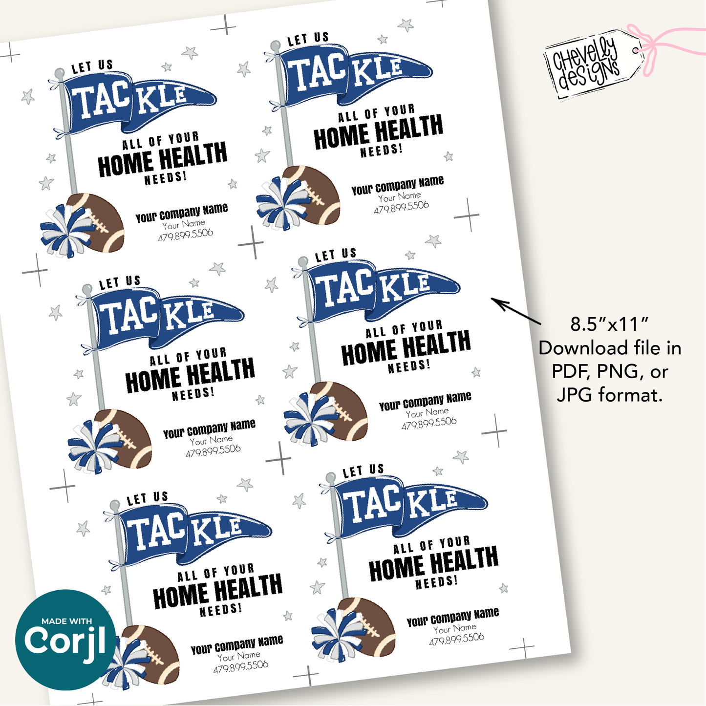 Editable Football Referral Tag | Let Us Tackle All of Your Home Health Needs | Navy Blue, Silver Gray, White Football Marketing Label | Printable