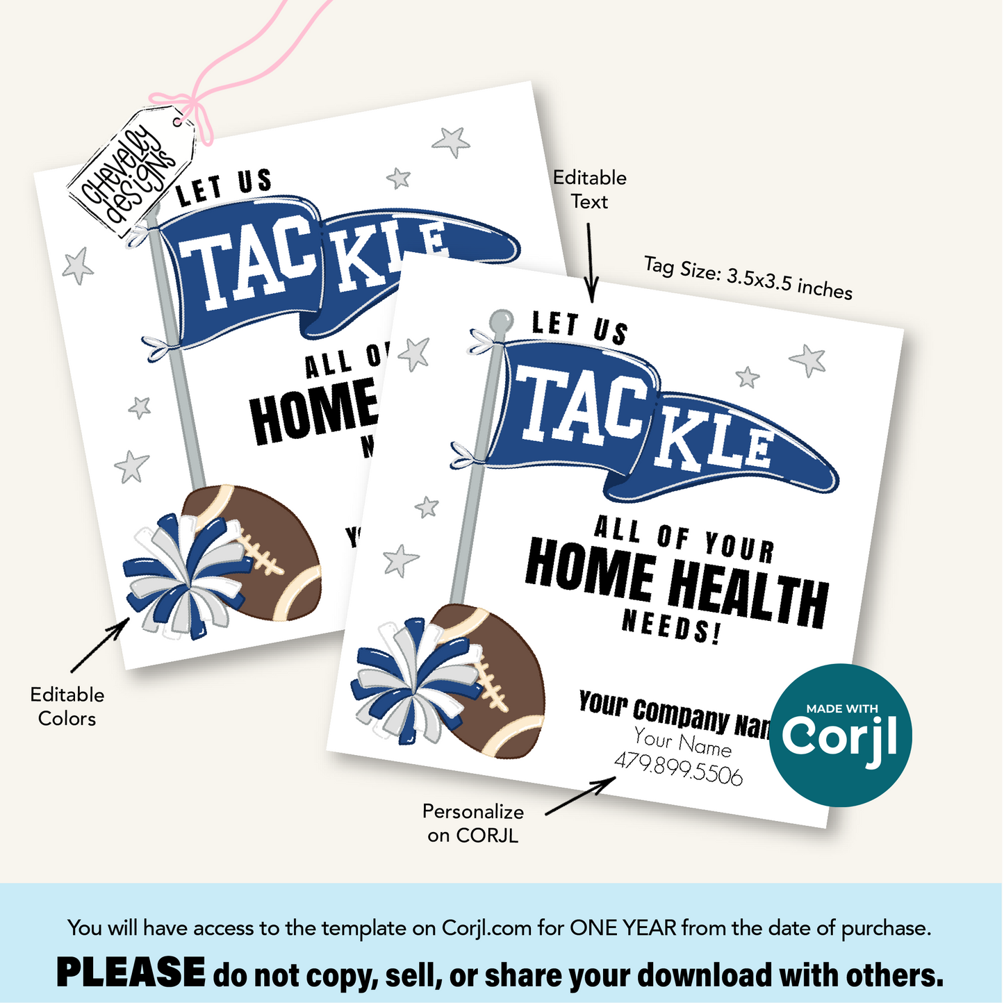Editable Football Referral Tag | Let Us Tackle All of Your Home Health Needs | Navy Blue, Silver Gray, White Football Marketing Label | Printable