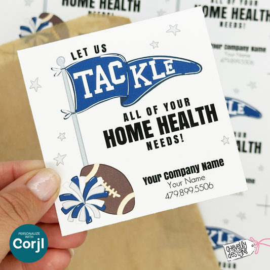 Editable Football Referral Tag | Let Us Tackle All of Your Home Health Needs | Navy Blue, Silver Gray, White Football Marketing Label | Printable