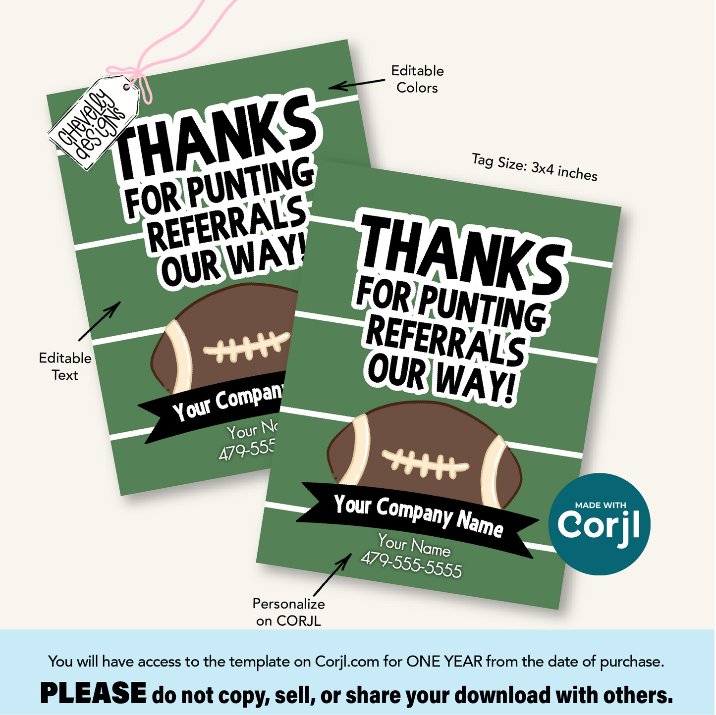 Editable Football Referral Tag | Thanks for Punting Referrals Our Way | Printable Marketing Label
