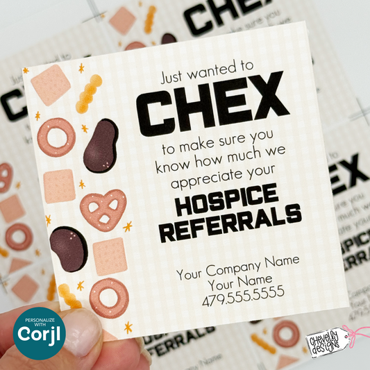 Editable "Chex" Referral Gift Tag | Printable Hospice Marketing Label for Treat Bags | Digital File